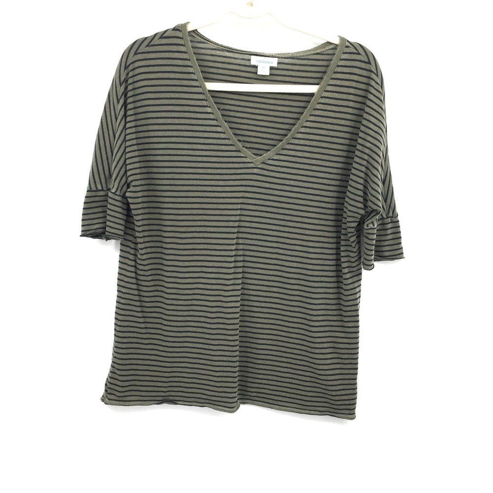Sundance Green Striped Freeform lagenlook top short sleeve v-neck boho XS‎